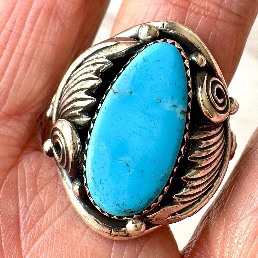 Navajo Turquoise Mens Ring Sz 11 Leaf Feather Signed Morgan Sterling Native Amer